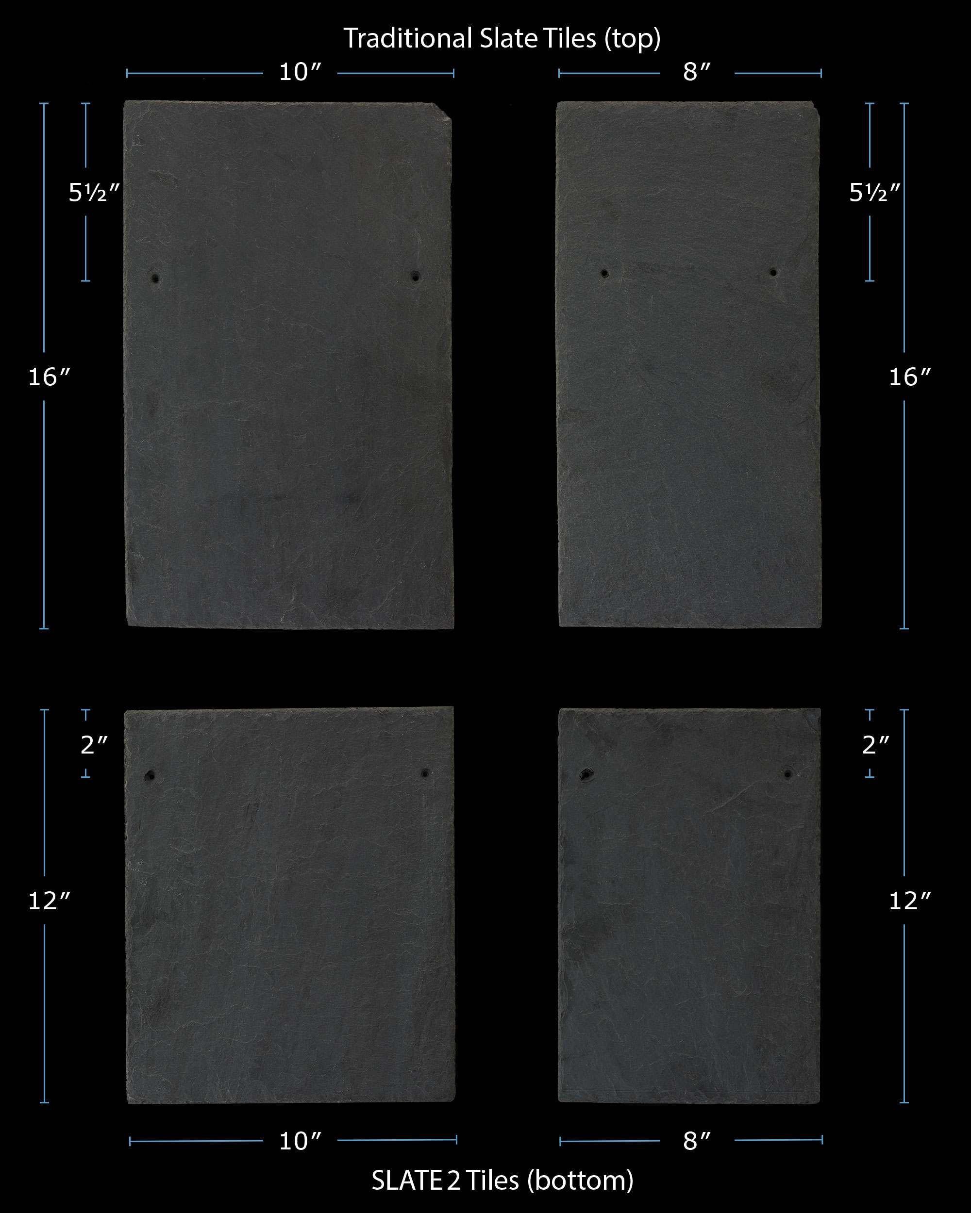 Traditional and Slate2 Tiles compared with dimensions.